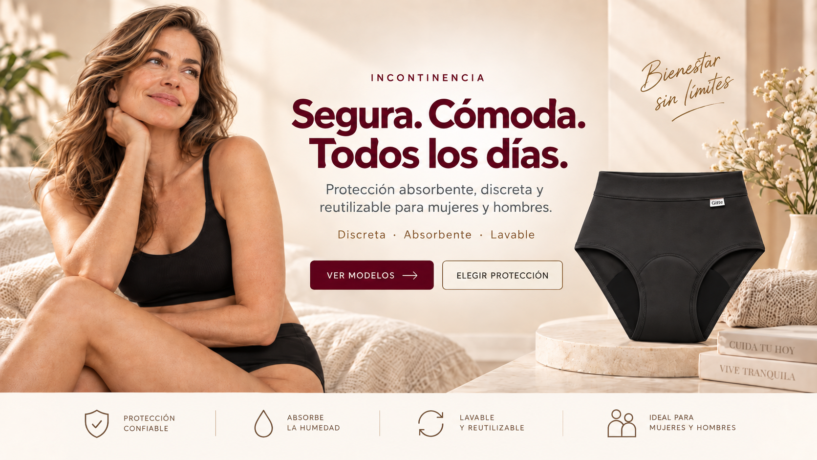 Bombacha incontinencia lavable Gitte: Segura. Cómoda. Todos los días.